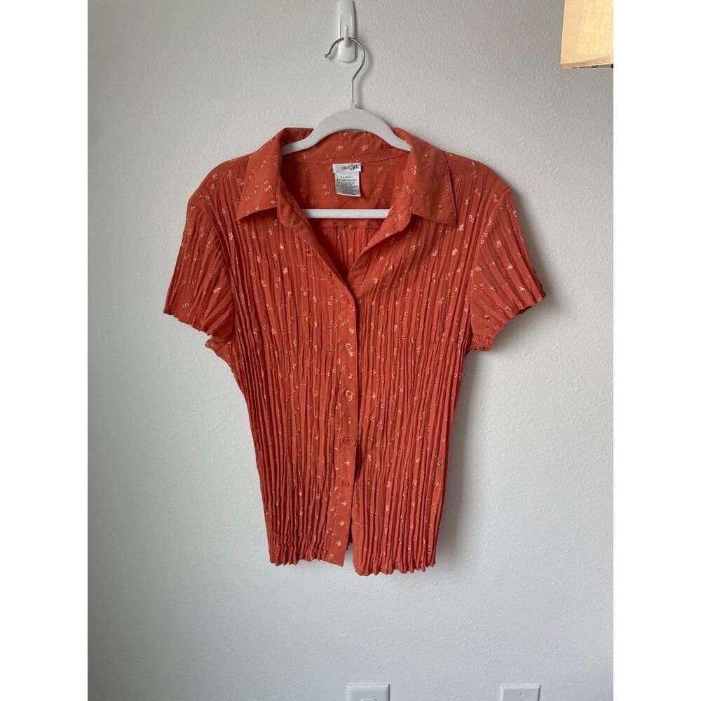 PLISSE RETRO Y2K Pleated Top XL Vintage East 5th Orange Embroidered Blouse